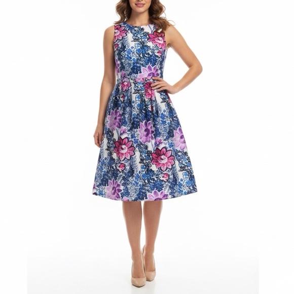 Taylor Dress Tea Length Floral Sleeveless Fit Flare Spring Summer Garden Sz 10 - Picture 1 of 10